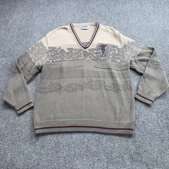 VTG OK‎ Crusader Reef Sweater Mens L Beige Grey Embroidered Golfer Sport Grandpa - Picture 1 of 15